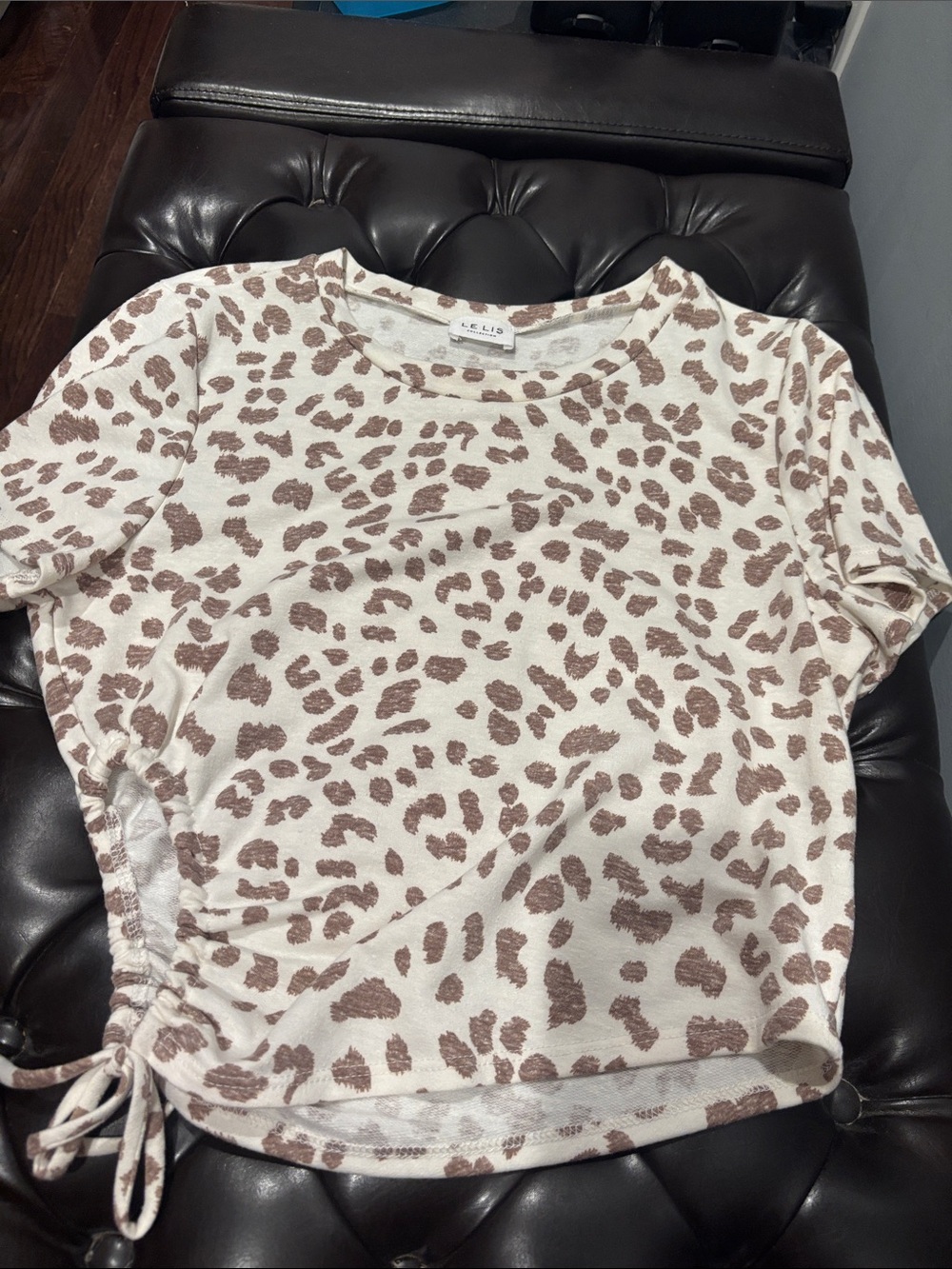 Women’s Short-Sleeve Drawstring Leopard Print Top - Cream/Brown